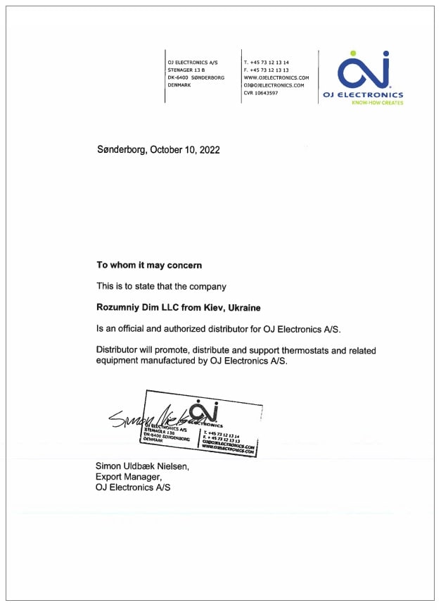 The certificate of OJ Electronics official importen in Ukraine